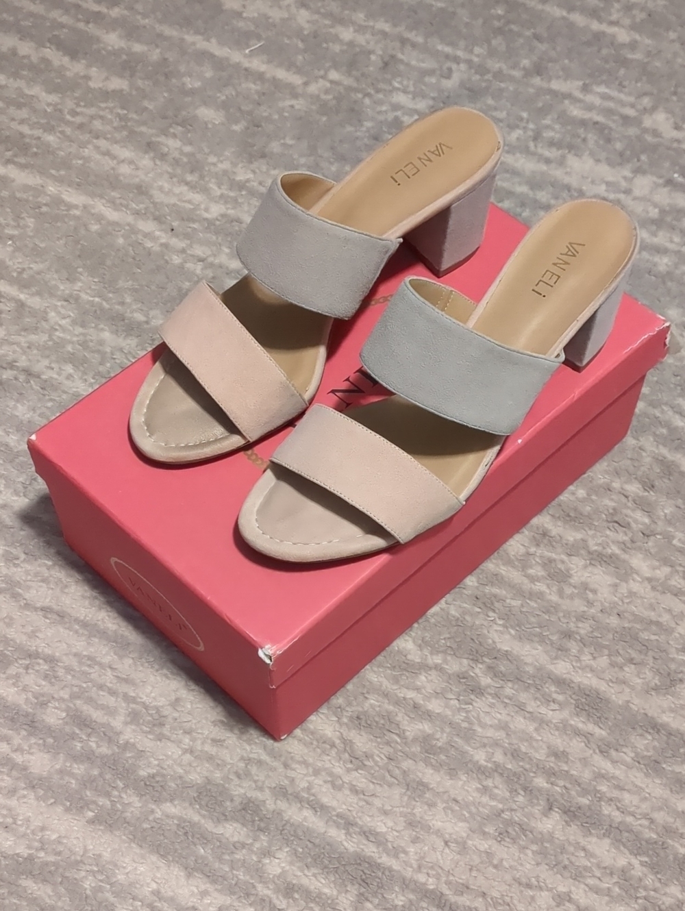 Vaneli Two-Tone Double Strap Block Heel Sandals in Beige and Light Gray